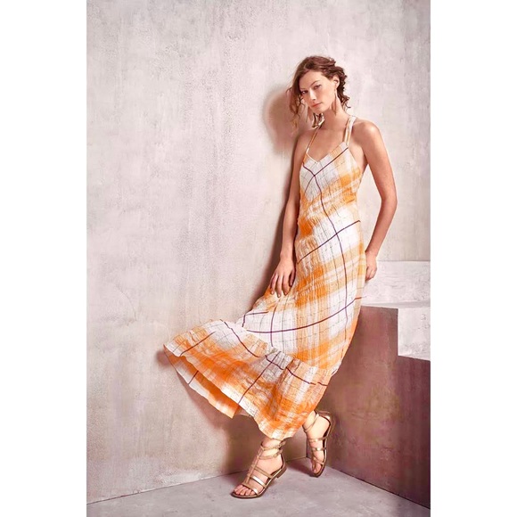 Anthro Holding Horses Cream & Mango Gold Plaid Maxi Dress - Picture 10 of 14